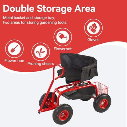 Kinfant Garden Seat with Ergonomic Backrest – Rolling Garden Stool with Height Adjustable & 360° Swivel Seat with Wheels, Gardening Cart Bench, Tool Storage, for Yard, Patio Red - color: With Backrest-red