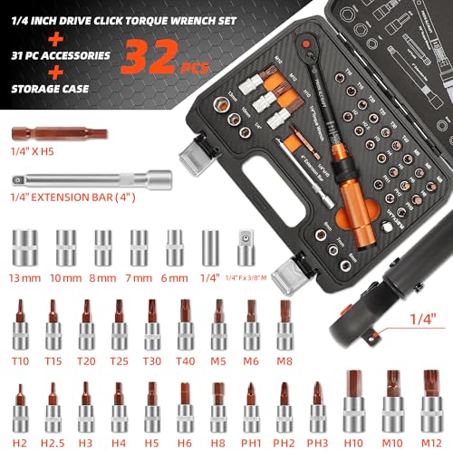 PRIDE&CRAFT 32Pcs Torque Wrench Set, 1/4 Inch Drive, 10-220 IN.LB Inch Pound Click Torque Wrench with Bit Sockets, 3/8 Adapter,Accuracy: ±3% Adjustable Torque Wrench for Bike, Motorcycle, Car