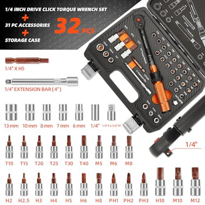 PRIDE&CRAFT 32Pcs Torque Wrench Set, 1/4 Inch Drive, 10-220 IN.LB Inch Pound Click Torque Wrench with Bit Sockets, 3/8 Adapter,Accuracy: ±3% Adjustable Torque Wrench for Bike, Motorcycle, Car