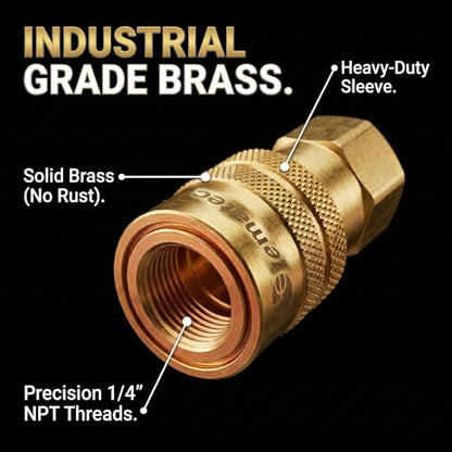 LE LEMATEC Air Compressor Hose Fittings Kit, 1/4 NPT | Solid Brass, 15-Piece, 3 Male 3 Female Plugs, 5 Dual Couplers, Teflon Tape, Leak-Proof, Pneumatic Tools, Storage Case