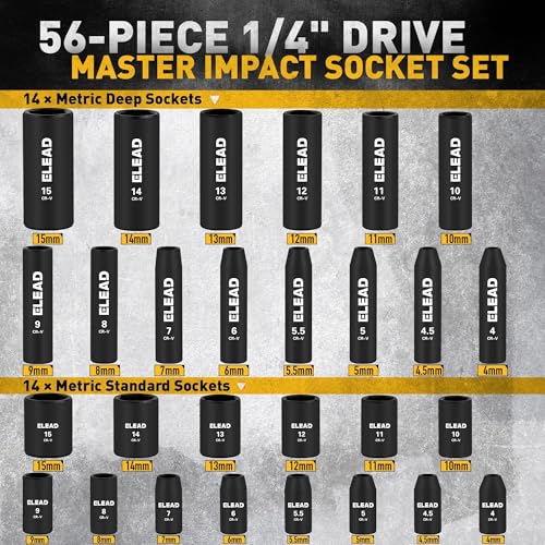 ELEAD 1/4" Drive Impact Socket Set, 56-Piece Standard SAE (5/32 to 9/16 inch) and Metric (4-15mm) Size, Deep & Shallow, 6 Point, Cr-V, 72-Tooth Ratchet Handle, Extension Bar, Universal Joint - style: 1/4'' Drive Impact Socket Set