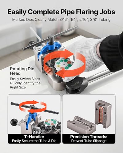VEVOR Professional Brake Line Flaring Tool, 45 Degree Double Flare Bubble Flare Tool Kit for 3/16", 1/4", 5/16", 3/8" Copper Aluminum Thin Steel Tubes - size: 45 Degree