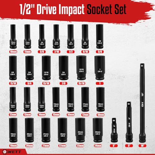 WETT 1/2" Drive Impact Socket Set, 29 Piece Deep Socket with Extension Bar, Cr-V Steel, SAE & Metric, 6 Point, (3/8" - 1", 10-24mm) - size: 29pcs 1/2" Socket Set, style: (Upgraded) 29pcs 1/2" Socket Set