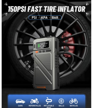 9000A Jump Starter with Air Compressor, Car Charger Portable Jump Box for Car with 150PSI Tire Inflator, Power Pack Jumpstart 12V Vehicle for All Gas/12L Diesel w/Extended Jumper Cable