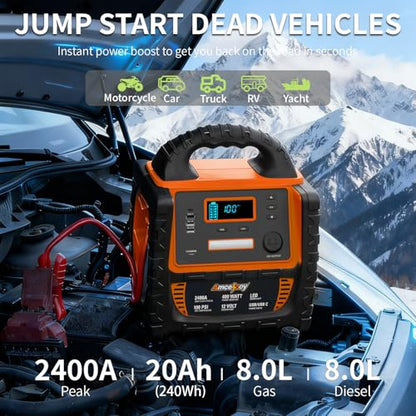 2400A Car Battery Jump Starter and Portable Power Station – Starts 8.0L Gas & 8.0L Diesel – 6-in-1 Jump Starter with Air Compressor 100 PSI Tire Inflator – 400 Watt Inverter AC/DC/USB Outlets - style: Orange