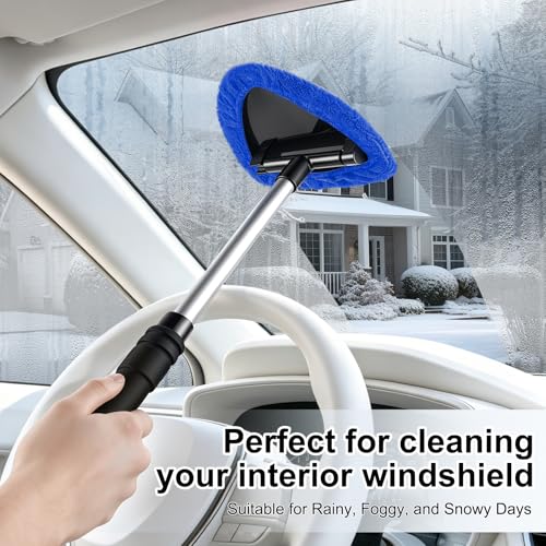 JUSTTOP Windshield Cleaner Tool, Car Interior and Exterior Window Cleaning Kit with Extendable Handle & 4 Reusable Microfiber Pads, Auto Glass Wiper Brush Kit for Car & Home Windows (Blue) - color: Blue