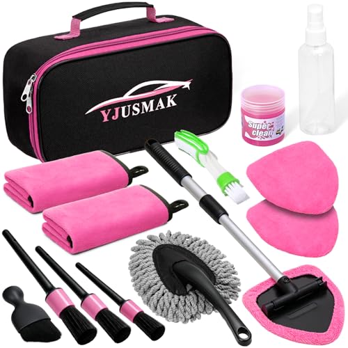 Windshield Cleaning Tool, 13PCS Car Detailing Kit Interior Cleaner, Car Window Cleaner with Extendable Handle, Car Interior Cleaning Kit with Detailing Brushes for Women Men (Pink) - color: pink