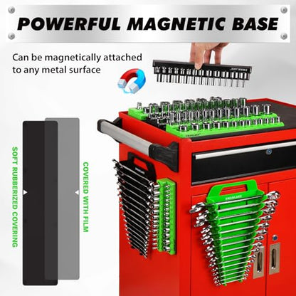10-Piece Magnetic Socket and Wrench Organizer Set, 1/4", 3/8", 1/2" Drive Metric SAE Socket Organizer, Magnetic Wrench Holder 30 Slots Total, Tool Box Organizers (Sockets Wrenches not Included) - style: 10PCS Organizer Set
