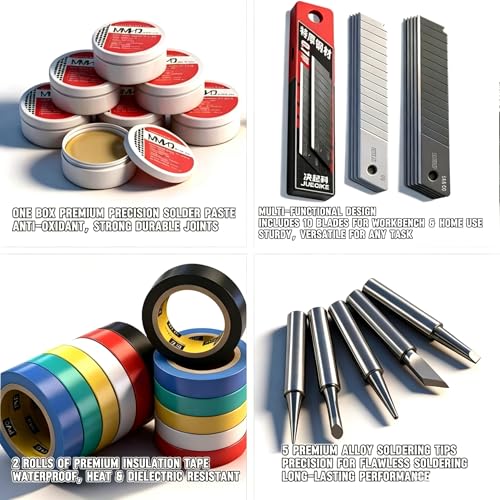 Soldering Iron Kit 80W LCD Adjustable Temperature 180-520C Soldering Kit 35-in-1 Welding Tool with ON/OFF Switch Solder Wire Filler Solder Head Unplugging Pump Bracket Tweezers Tape Blade Mask Gloves