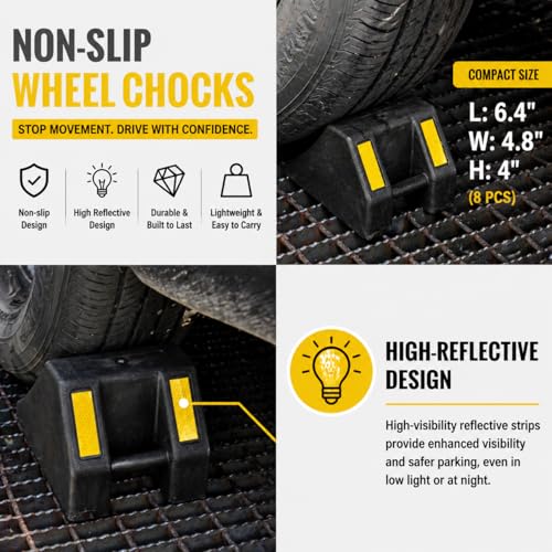 Rubber Wheel Chocks 8-Pack Heavy Duty L:6.4xW:4.8xH:4in | Durable rubber non-slip wheel chocks. For trailers, RVs, trucks, cars, campers. 8-pack, compact size, easy storage. - size: L: 6.4 x W:4.8x H:4(8pc)