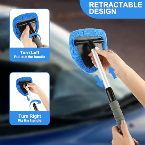 6 Pcs Windshield Cleaning Tool, Car Window Cleaner Kit with 5 Reusable Microfiber Pads, 1 Spray Bottles, Extendable Long Handle, Auto Inside Glass Wiper Kit for Vehicles(Blue)