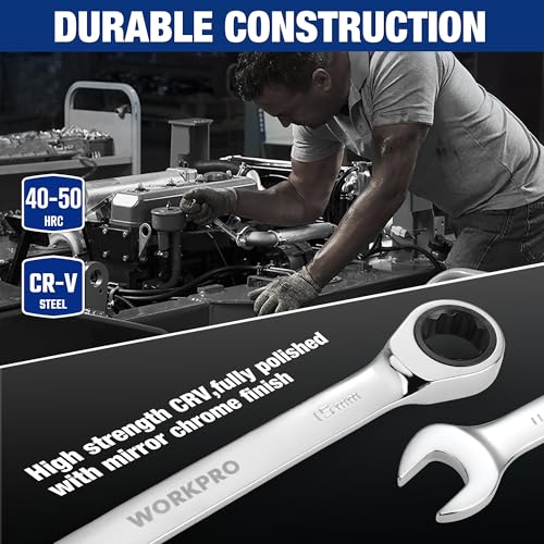 WORKPRO Ratcheting Wrench Set, Metric, 7-piece Ratcheting Combination Wrench Set, 8mm, 10mm, 11mm, 12mm, 13mm, 14mm, 17mm, 12-Point, CR-V Steel, with Organizer Rack - size: 7-piece, style: Metric