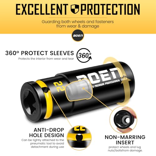 BOEN 1/2" Drive Impact Lug Nut Socket Set, 4 Pieces Non-Marring Thin Wall Wheel Protector Nut Socket, Metric (17, 19, 21, 22) mm, Color-Coded and Embossed and Painted Marking, CR-MO Steel