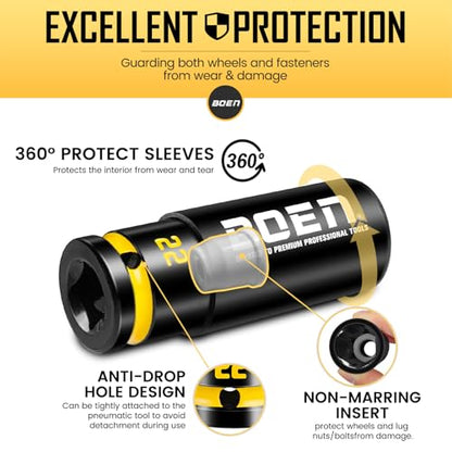 BOEN 1/2" Drive Impact Lug Nut Socket Set, 4 Pieces Non-Marring Thin Wall Wheel Protector Nut Socket, Metric (17, 19, 21, 22) mm, Color-Coded and Embossed and Painted Marking, CR-MO Steel