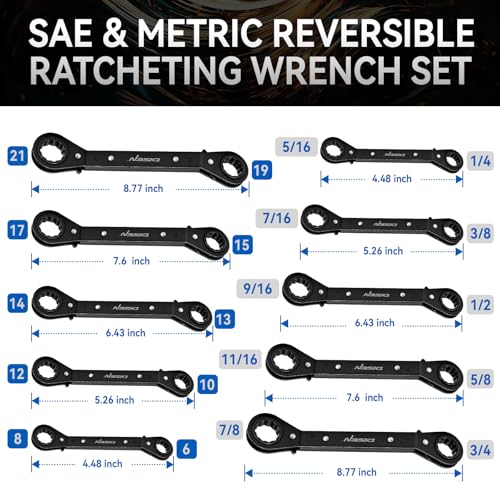 DISEN 10-Piece Double Offset Box End Reversible Ratcheting Wrench Set, SAE (1/4-7/8 inch) & Metric (6-21mm) Heavy Duty Ratcheting Wrench Set for Narrow Space, Rolling Pouch - style: 10 PCS