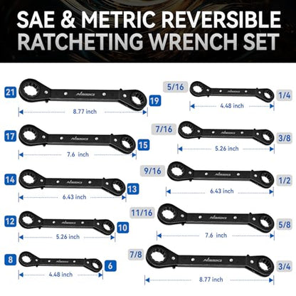 DISEN 10-Piece Double Offset Box End Reversible Ratcheting Wrench Set, SAE (1/4-7/8 inch) & Metric (6-21mm) Heavy Duty Ratcheting Wrench Set for Narrow Space, Rolling Pouch - style: 10 PCS