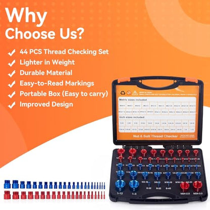 44PCS Nut and Bolt Thread Checker Standard 23 Inch & 21 Metric Bolt Nut Thread Measure Gauge Checker Box Set Bolt Size Finder for Size Check on Tricky and Narrow Area