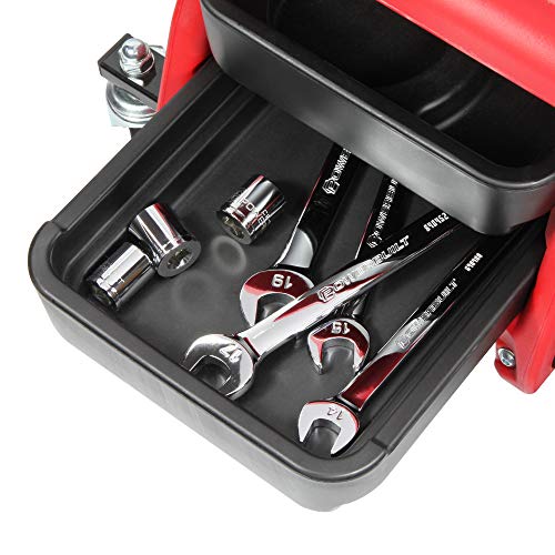 Powerbuilt Rolling Garage Seat with Tool Trays, Smooth Ball Wheel Bearing Casters 300 Pound Capacity Stool, Detailing, Motorcycle, Gardening - 240283 - style: Red, 14-Inch