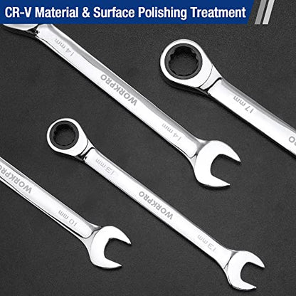 WORKPRO 7-Piece Ratcheting Combination Wrench Set, 72 Teeth, Cr-V Constructed, Combo Ratchet Wrenches Set with Roll Up Pouch, Metric 8mm-17mm - size: Metric