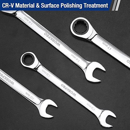WORKPRO 7-Piece Ratcheting Combination Wrench Set, 72 Teeth, Cr-V Constructed, Combo Ratchet Wrenches Set with Roll Up Pouch, Metric 8mm-17mm - size: Metric