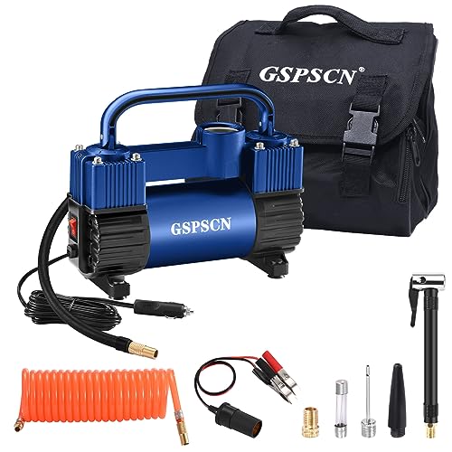 GSPSCN 12V Heavy Duty Tire Inflator Metal Portable Air Compressor Pump | 6X Faster Inflation Double Cylinders 150PSI Air Pump with Adapter for Car, RV,Pickup Truck, SUV, Van,Camper, Air Bed,Ball - color: Blue