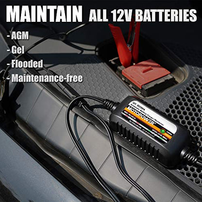 MOTOPOWER MP00205C 12V 800mA Automatic Battery Charger Maintainer - 2 Pack | Functions as a charger, maintainer, trickle charger and desulfator