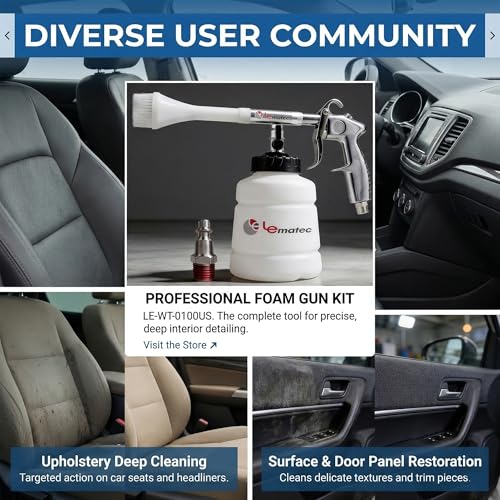 LE LEMATEC Interior Detailing Gun, Air Foam Car Wash Tool with Scrub Brush | Cleans Upholstery Carpet Vents Seats, Pneumatic Tornado Cannon, Solution Bottle, Auto Detail Kit - size: 3,000+ RPM