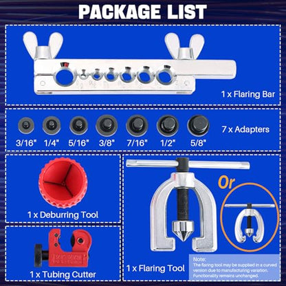 DASBET 11PCS Flaring Tool Kit 45° Single & Double Brake Line Flaring Tool | with 7 Adapters, Flare Tubing Flare Tool with Tube Cutter for Brake Line HVAC System