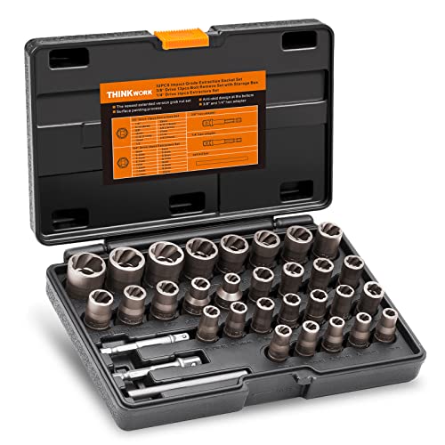 32 Pcs Bolt Extractor Kit, 1/4" & 3/8" Drive Impact Bolt & Nut Remover Set | for Damaged, Rusted, Rounded-Off, Stripped Fasteners, 6-19mm, Cr-Mo Steel, Compact Design for Tight Spaces, Storage Case