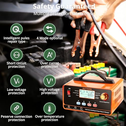 AUTTGINN 12V 24V Adjustable Battery Charger Maintainer, 0-20A Adjustable Car Battery Trickle Charger with Battery Desulfator for Lead-Acid LiFePO4 Lithium Batteries, AGM Gel Deep Cycle - color: orange
