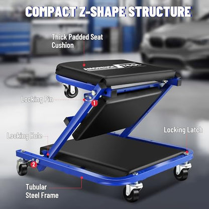 36" Folding Creeper with Tire Kit & Cross Wrench, 330 LBS, 6 Casters | Steel folding creeper converts to seat. Folds flat. 6 casters. Tire kit & 5 boxes. - color: Blue Black with Tire Kit, Wrench & Storage