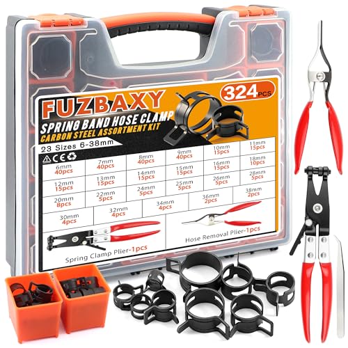 324Pcs Spring Hose Clamp Kit (6-38mm) with 2 Pliers | 23 Sizes Anti-Rust Steel Clamps for Fuel Line, Vacuum Tube & PC Cooling. Stop Leaks in Auto & Home Repairs Effortlessly - color: 324-piece