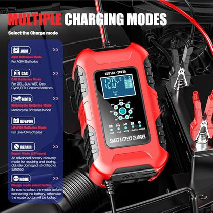Car Battery Charger, 0-10A Pulse Repair Charger, 12V 24V Smart Fully Automatic Trickle Charger, LiFePO4 Lead Acid Automotive Battery Maintainer Desulfator for Car Truck Motorcycle Lawn Mower ATV Boat - color: 3) -10Amp/12V 24V