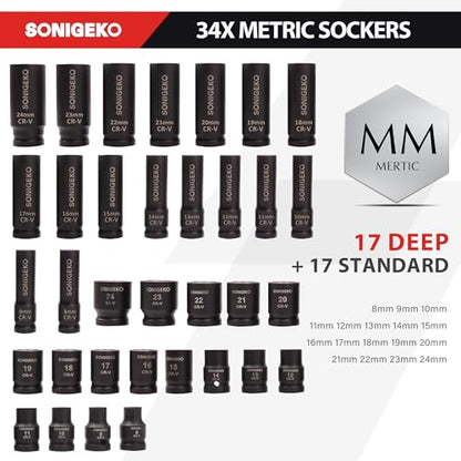 70-Piece 1/2" Drive Impact Socket Set, Cr-V Steel, Standard SAE & Metric Sockets with Ratchet Handle, Extension Bar, Adapters, and Storage Case - size: 70 PCS, 1/2" Socket Set, Metric & SAE
