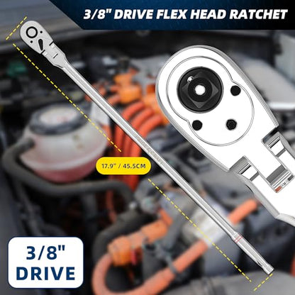 PRIDE&CRAFT 3/8" Drive Extra Long Flex Head Ratchet 72-Tooth, 17.9 Inch Long, Socket Wrench Quick Release Reversible Design, Swivel Head Ratchet, Chrome Alloy Made, EVA Organizer - style: 3/8 Inch Extra Long