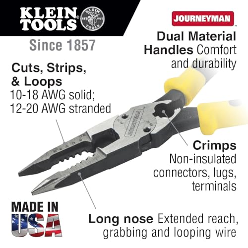 Klein Tools J207-8CR Needle Nose Pliers, Made in USA, All-Purpose Linesman Pliers for Crimping, Looping, Cutting, Stripping, Crimping, Shearing - style: Crimper