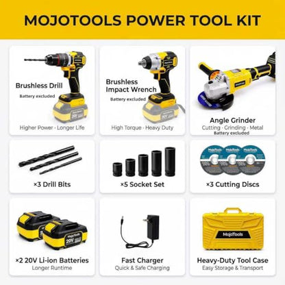 Brushless Cordless Power Tool Combo Kit for Heavy DIY & Semi-Professional Use – 50Nm Drill Driver, 380Nm Impact Wrench, 5" Angle Grinder LCD, 2×3000mAh Batteries, Carry Case &&Accessories