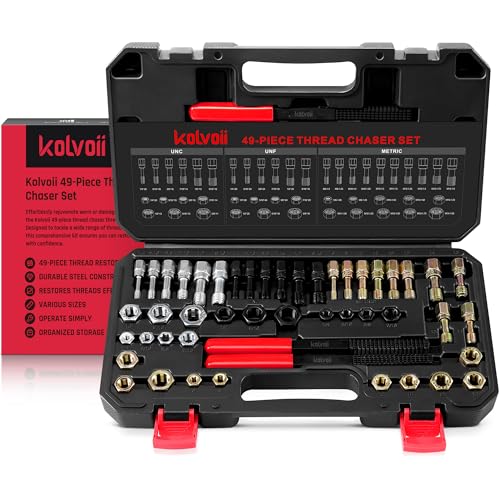 Kolvoii 49-Piece Thread Chaser Kit, Metric & SAE Thread Repair Kit with Taps, Dies & Files – UNC, UNF, Metric Rethread Damaged Bolts, Nuts & Holes, Color-Coded for Easy Use - size: 49 PCS Metric & SAE