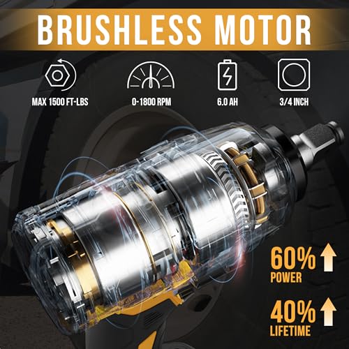 EWORK 3/4" Cordless Impact Wrench 21V Heavy Duty Electric Wrench Max 1500 Ft-lbs, Brushless Motor, High Torque Impact Gun with 6.0Ah Battery & 3/4" to 1/2 Inch Socket Adapter for Heavy Truck/Pickup