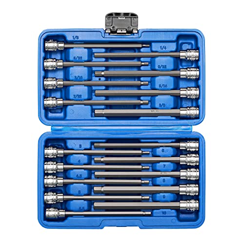 EMENTOL 18PCS 3/8" Drive Long Hex Bit Socket Set, CR-V, S2 Steel, SAE/Metric, Extra Long Allen Hex Bit Socket Set, 1/8 Inch - 3/8 Inch, 3mm - 10mm - size: 18 PCS (1/8 Inch - 3/8 Inch, 3mm - 10mm)
