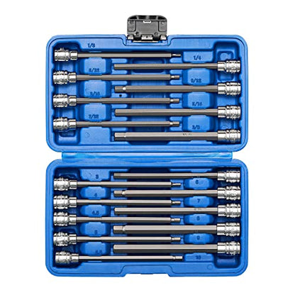EMENTOL 18PCS 3/8" Drive Long Hex Bit Socket Set, CR-V, S2 Steel, SAE/Metric, Extra Long Allen Hex Bit Socket Set, 1/8 Inch - 3/8 Inch, 3mm - 10mm - size: 18 PCS (1/8 Inch - 3/8 Inch, 3mm - 10mm)