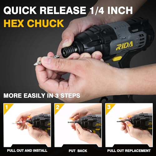 RIDA Cordless Impact Driver Kit 20V 180Nm Torque Home DIY & Repair Projects | 1/4" All-Metal Hex，0-2800RPM, Variable Speed, 2.0Ah Battery, 1H Fast Charger, 25 Driver Bits, Storage Tool Bag - style: Cordless Impact Driver