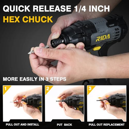RIDA Cordless Impact Driver Kit 20V 180Nm Torque Home DIY & Repair Projects | 1/4" All-Metal Hex，0-2800RPM, Variable Speed, 2.0Ah Battery, 1H Fast Charger, 25 Driver Bits, Storage Tool Bag - style: Cordless Impact Driver