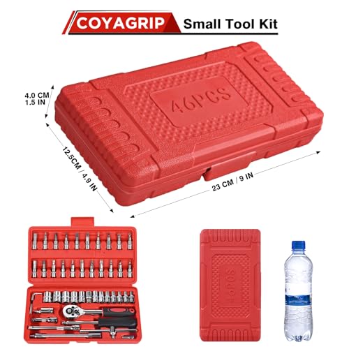 46PCS Socket Ratchet Wrench Set, 1/4 Inch Drive Small Tool Set with Screwdriver Bit Sockets Extension Bar and Storage Case, Metric Socket Set for Car Repair and Home Use - color: Red