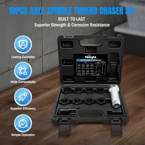 Nilight 10PCS Axle Spindle Thread Set Wheel Stud Rethreading Chaser Repair Tool Kit with Case 8 Metric UNF Dies 1-1/16" Extension Bar M20 M22 M24 13/16" 3/4" UNEF Nuts Automotive Tools for Mechanics - size: 10PCS Metric & UNF