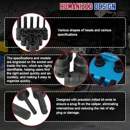 Brake Caliper Socket Set 16 Specifications Brake Caliper Removal Tool Kit High Torque 1/2" Square Drive Socket Wrench Brake Caliper Special Socket Set Compatible with BMW/Audi/Ford/Volkswagen