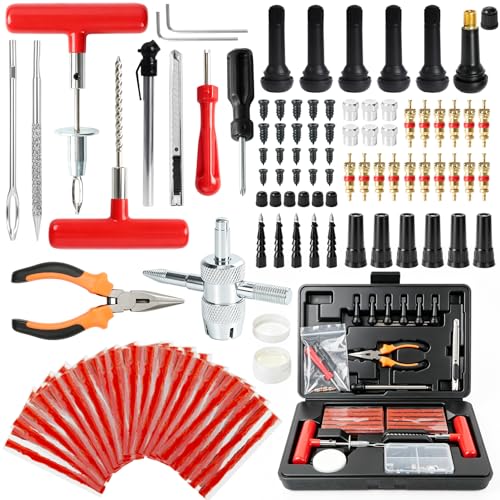 Tire Plug Kit, 130 PCS Tubeless Tire Repair Kit with Heavy-Duty Metal T-Handle Tools, Repair Strips, Screw-in Repair Plugs, Valve Stem Service Accessories & Hard Case for Car SUV Motorcycle ATV - color: 130Pcs Tire Repair Kit