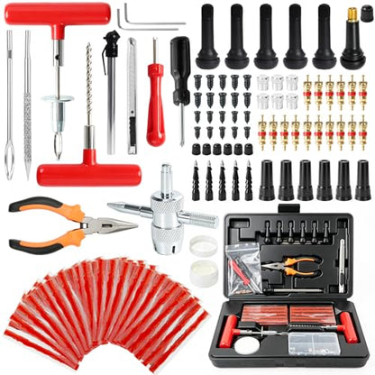 Tire Plug Kit, 130 PCS Tubeless Tire Repair Kit with Heavy-Duty Metal T-Handle Tools, Repair Strips, Screw-in Repair Plugs, Valve Stem Service Accessories & Hard Case for Car SUV Motorcycle ATV - color: 130Pcs Tire Repair Kit