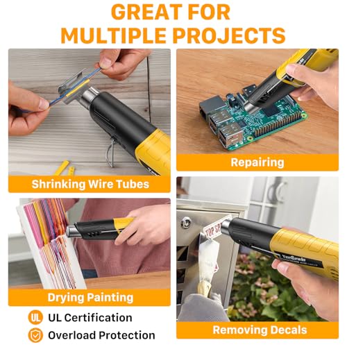 Mini Heat Gun 380W Fast Heat Hot Air Gun 2-Temp Settings 480°F-850°F(249°C-455°C) With Overheat Protection Reflector Nozzle, 4.9Ft Cable for Shrink Wrap, Vinyl, Crafts, Epoxy Resin (Yellow) - color: Yellow