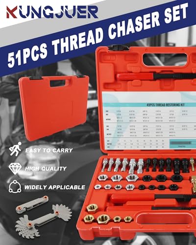 51PCS Thread Restorer Tool, Thread Repair Tool Kit, Thread Files | 22 Taps 24 Dies 3 Thread Files 2 Thread Gauges，Master Thread Rethreading Kit UNC UNF & Metric Thread Chaser Set - size: 51 Thread Repair Set